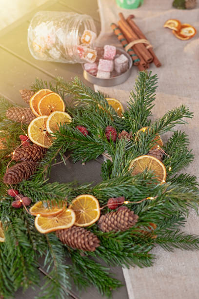 istock natural spruce wreath on a fabric tablecloth 1358840191