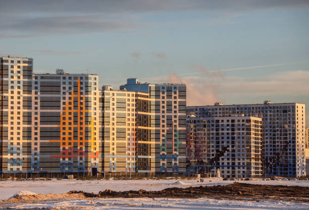 Saint Petersburg, Russia - December 10, 2021: New modern residential buildings with colored facades. Residential area on the alluvial territories of Vasilievsky Island