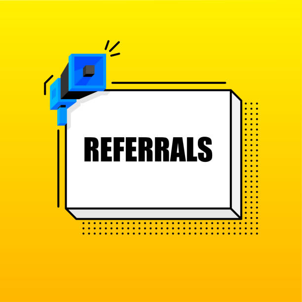 istock Referrals banner template. Marketing flyer with megaphone. Isometric and pixel style. Template for retail promotion and announcement. Vector illustration. 1358841679