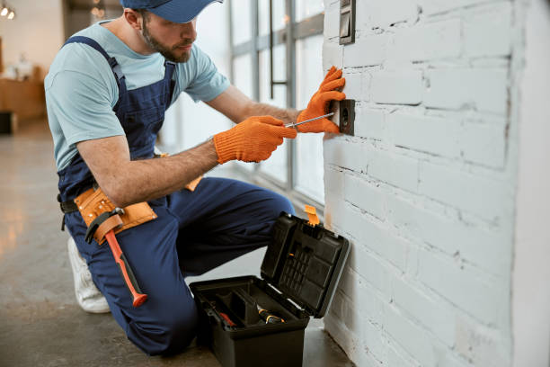 istock Male electrician fixing electrical wall socket with screwdriver 1358842549