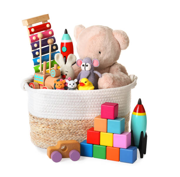 set of different toys on white background - brinquedo imagens e fotografias de stock