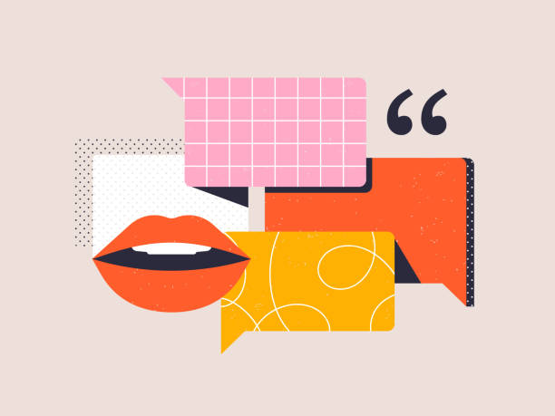 pidato, komunikasi. buka mulut, gelembung percakapan dan simbol kutipan. retorika, pidato, konsep berbicara di depan umum - mulut ilustrasi stok