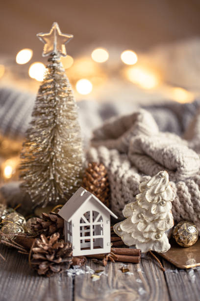istock Christmas composition with decor details on blurred background with bokeh. 1358844307