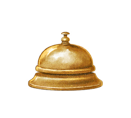 Watercolor vintage antique golden reception bell isolated on white background. Hand drawn illustration sketch