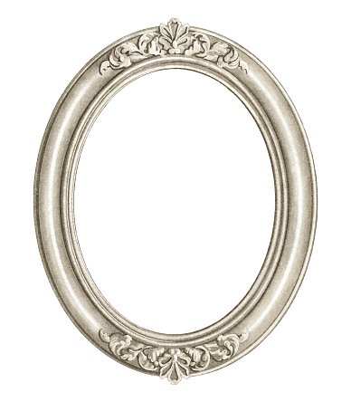 Watercolor vintage antique silver ellipse border pendant with empty space isolated on white background. Hand drawn illustration sketch