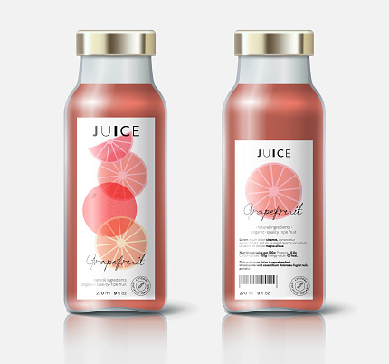 Grapefruit juice packaging. Beautiful transparency whole and cut fruits. Bottle template with face and back labels.