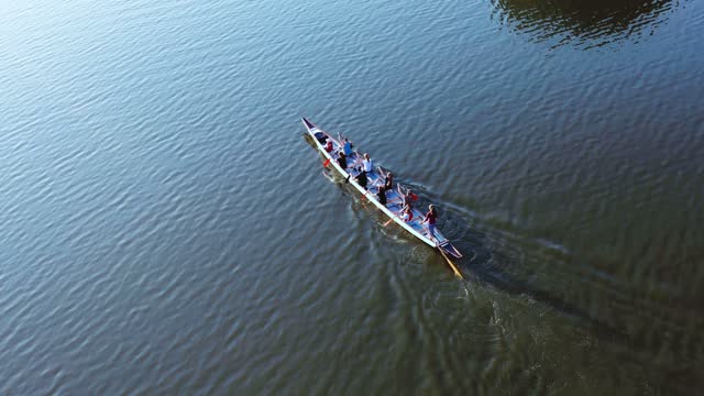 Aerial drone top view of sport canoe rowing synchronous team of athletes competing