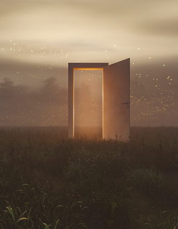 Surreal abstract door in fantasy landscape. This is entirely 3D generated image.