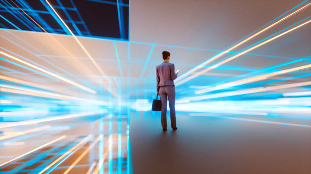 istock Businesswoman in VR environment 1358847937