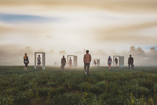 Surreal abstract doors with people leaving. This is entirely 3D generated image.