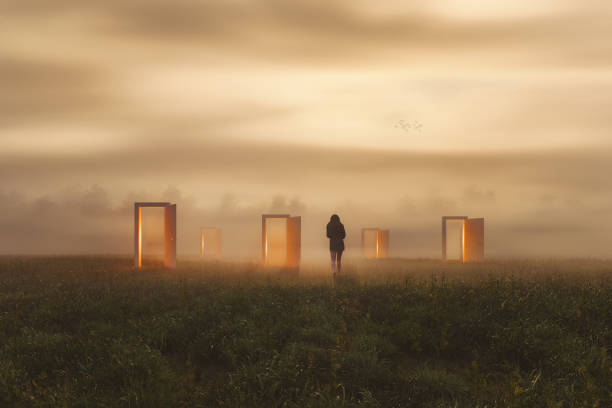 Surreal abstract doors with woman leaving in fantasy landscape Surreal abstract doors with woman leaving in fantasy landscape. This is entirely 3D generated image. time machine photos stock pictures, royalty-free photos & images
