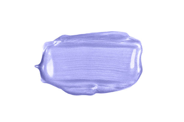 Rectangular purple or violet glossy brush stroke or smear cut out on white background. Acrylic paint or make up smear swatch sample. Trendy banner with 2022 color of the year very peri