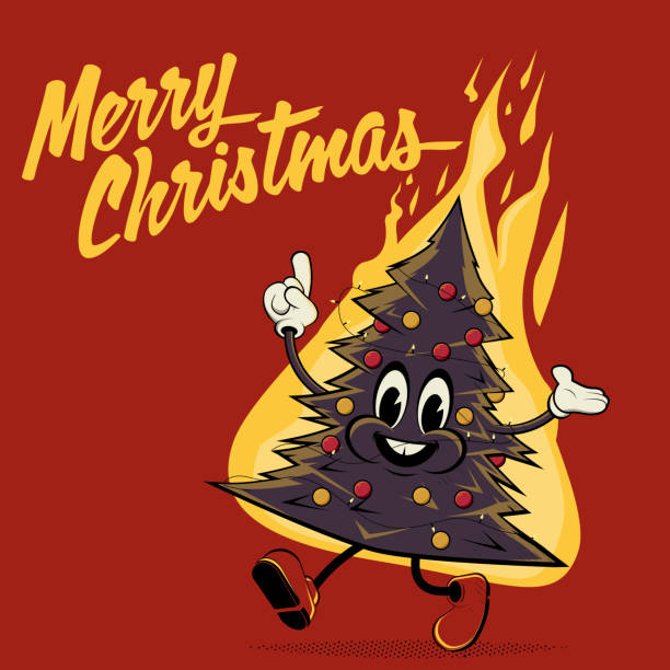 divertente illustrazione di cartone animato retrò di un albero di Natale in fiamme - illustrazione arte vettoriale