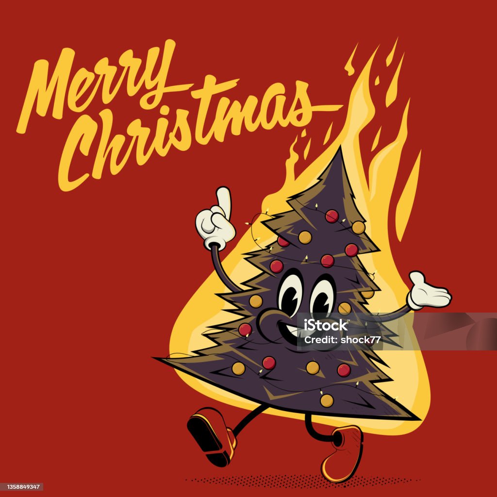 funny retro cartoon illustration of a burning christmas tree Christmas Tree stock vector