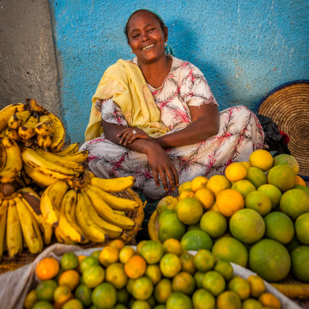 porträt einer äthiopischen frau, die früchte auf harars markt verkauft, äthiopien, afrika - muslim quarter stock-fotos und bilder