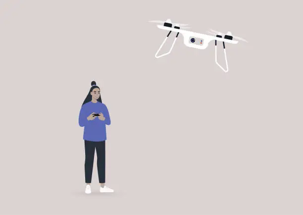 Vector illustration of Young female Asian character operating a hovering drone with a remote control