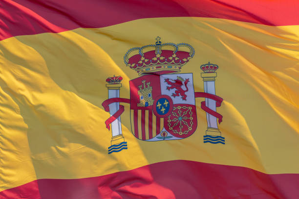 Spanish national flag. Kingdom of Spain. ESP Part of Spanish national flag waving, close-up. Kingdom of Spain, ESP consul photos stock pictures, royalty-free photos & images