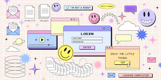 illustrazioni stock, clip art, cartoni animati e icone di tendenza di finestra del computer browser retrò in stile vaporwave anni '90 con adesivi hipster sorridenti. retrowave pc desktop con finestre di messaggio ed elementi dell'interfaccia utente popup, illustrazione vettoriale di ui e ux - browser window