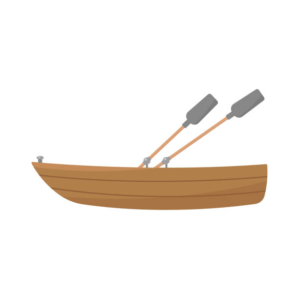 オールのアイコンが付いた木製のボート。サイドビュー。色付きのシルエット。ベクトルフラットグラフィックイラストレーション。白い背景上の孤立したオブジェクト。隔離する。 - rowboat点のイラスト素材／クリップアート素材／マンガ素材／アイコン素材