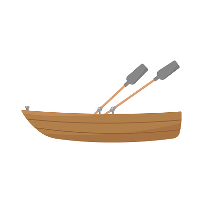 Wooden boat with oars icon. Side view. Colored silhouette. Vector flat graphic illustration. The isolated object on a white background. Isolate.