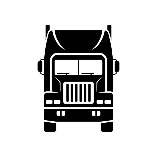 ikona ciągnika siodłowego. wagon towarowy. czarna sylwetka. widok z przodu. wektorowa prosta płaska ilustracja graficzna. izolowany obiekt na białym tle. wyizolować. - semi truck truck cargo container vector stock illustrations