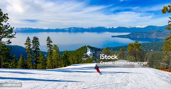 istock Alpine skiing above Lake Tahoe on the Nevada California border, USA 1358858500