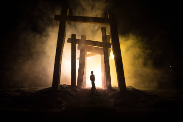 istock Creative artwork decoration. Abstract Japanese style wooden tunnel at night. Selective focus 1358858668