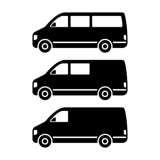 иконка набора микроавтобусов. небольшой фургон. черный силуэт. вид сбоку. векторная простая плоская графическая иллюстрация. изолированны� - van white truck mini van stock illustrations