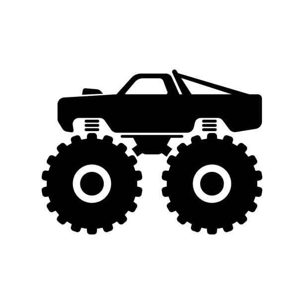 illustrations, cliparts, dessins animés et icônes de icône du monster truck. silhouette noire. vue latérale. illustration graphique plate simple vectorielle. objet isolé sur fond blanc. isoler. - tire track track off road vehicle vector