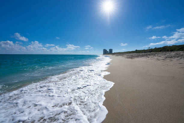 Beautiful Florida beach with waves and sea foam on the sand. Sun shinning over the ocean. Copy space. MacArthur Beach State Park, North Palm Beach, Florida. USA.