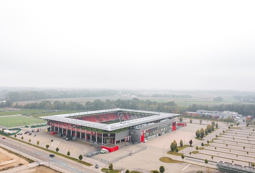 Ingolstadt, Germany - October 2021: Aerial view on Audi Sportpark, home stadium for FC Ingolstadt 04