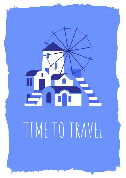 Vector illustration of Postcard with blue-white houses and phrase in travel and holiday theme. Vector illustration in flat style for touristic industry.
