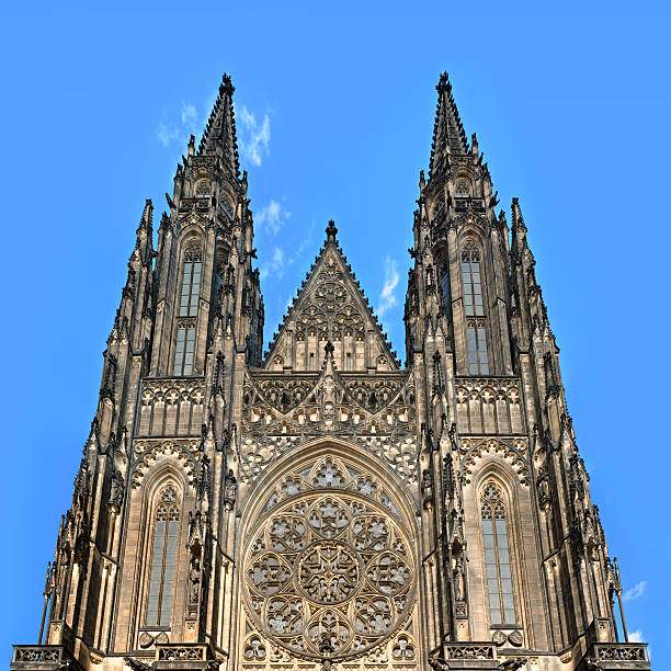 Perspective view of St. Vitus Cathedral facade fragment on a sky background, Prague, Czech Republic