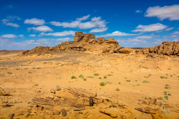 Desert landscape with rocks near Sakaka, Al Jawf Province, Saudi Arabia.