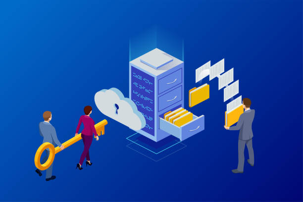 Isometric cloud computing concept represented by a server, with a cloud representation hologram concept. Data center cloud, computer connection, hosting server, database synchronize technology Isometric cloud computing concept represented by a server, with a cloud representation hologram concept. Data center cloud, computer connection, hosting server, database synchronize technology. synchronize stock illustrations