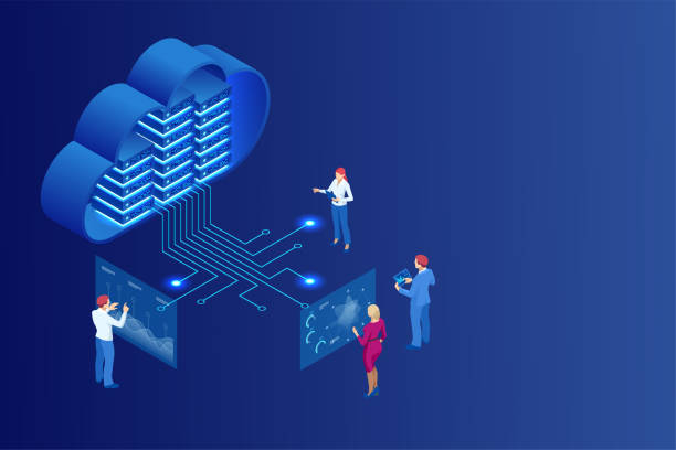 Isometric cloud computing concept represented by a server, with a cloud representation hologram concept. Data center cloud, computer connection, hosting server, database synchronize technology Isometric cloud computing concept represented by a server, with a cloud representation hologram concept. Data center cloud, computer connection, hosting server, database synchronize technology. synchronize stock illustrations