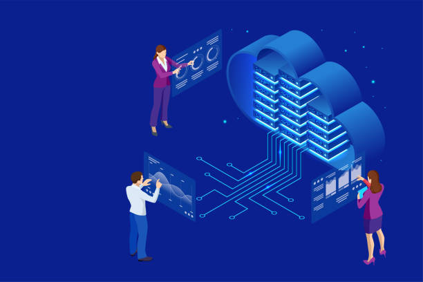 Isometric cloud computing concept represented by a server, with a cloud representation hologram concept. Data center cloud, computer connection, hosting server, database synchronize technology Isometric cloud computing concept represented by a server, with a cloud representation hologram concept. Data center cloud, computer connection, hosting server, database synchronize technology. synchronize stock illustrations
