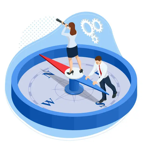 Vector illustration of Isometric define marketing direction and search customer global network. Business people using compass for navigation and orientation in business. Business success concept