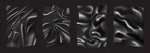 Vector illustration of Black wrinkled rectangular sheet with latex texture set, realistic plastic food packaging