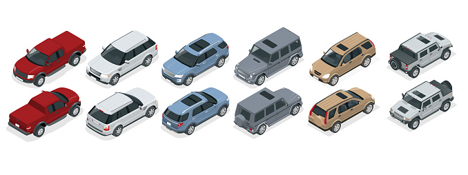 Isometric realistic SUV cars set template on white background. Compact crossover, truck, pickup, SUV, 5-door station wagon car. Template vector isolated.