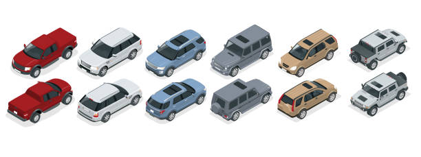 Isometric realistic SUV cars set template on white background. Compact crossover, truck, pickup, SUV, 5-door station wagon car. Template vector isolated. vector art illustration