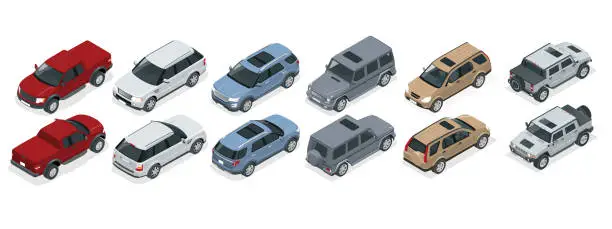 Vector illustration of Isometric realistic SUV cars set template on white background. Compact crossover, truck, pickup, SUV, 5-door station wagon car. Template vector isolated.
