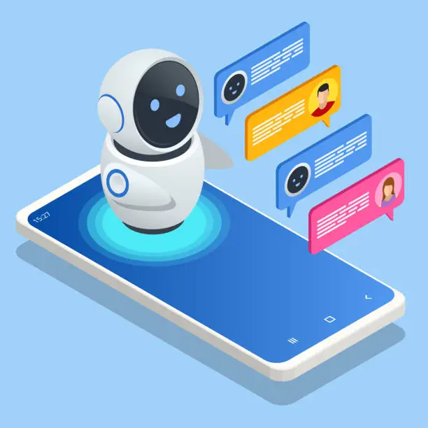 Vector illustration of Isometric artificial intelligence. Chat bot and future marketing. AI and business IOT concept. Mans and women chatting with chatbot application. Dialog help service.