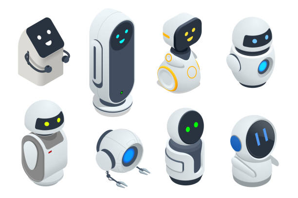 Isometric Set of Modern Robots Isolated On Background. Little Minimal Modern White Robots vector art illustration