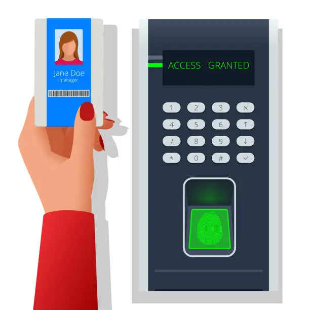 Vector illustration of Finger print scan for enter security system, Biometric access control. Digital touch scan identification or electronic sensor authentication.