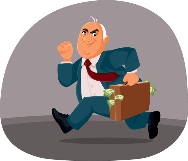 Corrupt Businessman Running with a Briefcase of Money Vector Cartoon Fraudster politician escaping with bribery cash in a suitcase greedy stock illustrations