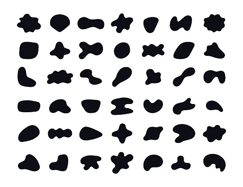 Random black abstract shapes. Set of organic blobs of irregular shape. Simple blotch, inkblot. Vector illustration isolated on white backgound.