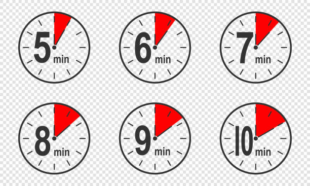 ilustrações, clipart, desenhos animados e ícones de ícones do temporizador com intervalo de tempo de 5, 6, 7, 8, 9, 10 minutos. relógio de contagem regressiva ou símbolos de cronômetro. elementos infográficos para preparação de cozinha instrução - minute hand number 8 clock number 7