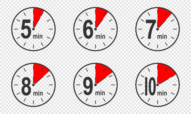 Timer icons with 5, 6, 7, 8, 9, 10 minute time interval. Countdown clock or stopwatch symbols. Infographic elements for cooking preparing instruction Timer icons with 5, 6, 7, 8, 9, 10 minute time interval. Countdown clock or stopwatch symbols. Infographic elements for cooking preparing instruction. Vector flat illustration. minute hand stock illustrations