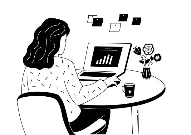 Vector illustration of Woman sits at the table and works at the laptop black and white